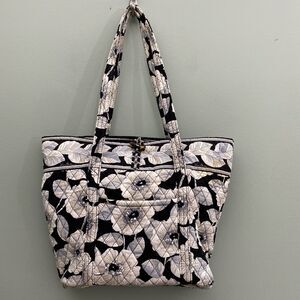 Vera Bradley Tote Bag Purse Black White Floral Quilted Cotton Cottagecore